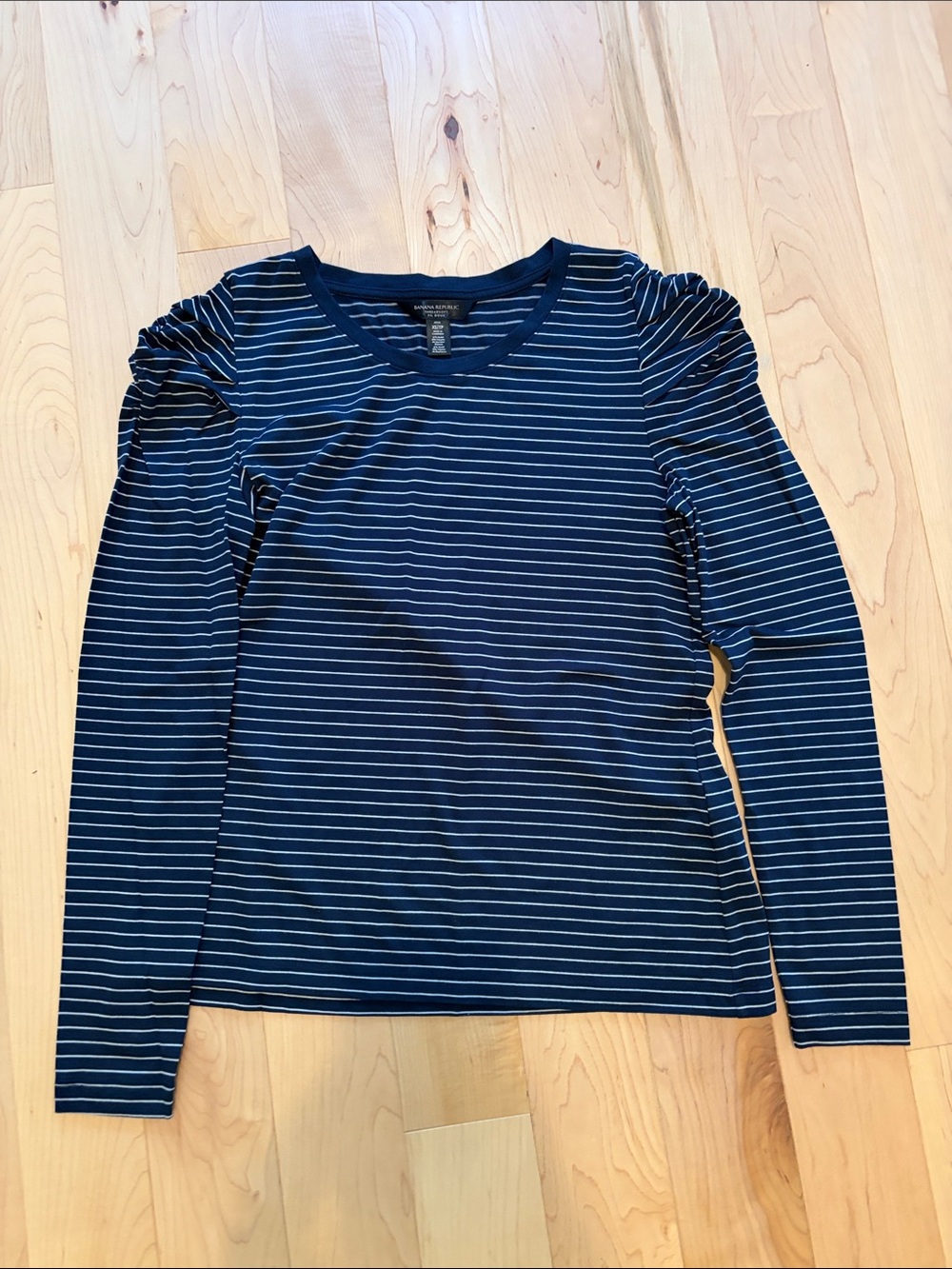 Banana Republic Navy and White Striped Puff-Sleeve Long Sleeve Tee